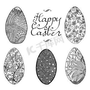 可爱手绘风格摄影照片_zentangle 风格的复活节彩蛋装饰手绘草图。
