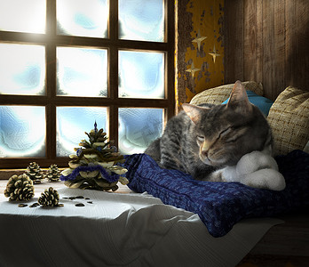睡猫在冬窗背景概念构图 3d 渲染