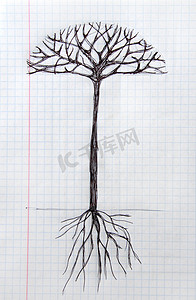 有根的树摄影照片_笔记本纸上有根的艺术树