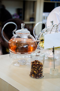 茶树背景摄影照片_茶壶中的凉茶和瓶中的茶树
