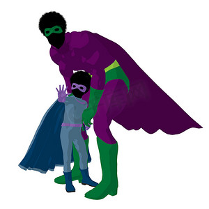 父亲节插画摄影照片_非洲裔美国超级英雄爸爸插画剪影
