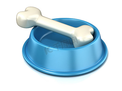 有骨头的蓝色狗碗， 3D