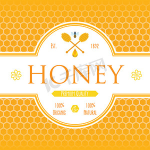 标签图案摄影照片_蜂窝彩色图案背景上带有蜜蜂和蜂蜜滴的蜂蜜标志产品的蜂蜜标签模板