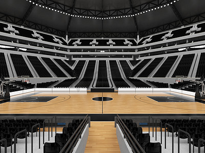 美丽的篮球运动场，设有贵宾包厢和黑色座椅，可供两万名球迷使用