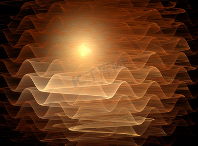 3D 渲染，橙色分形以波浪曲线中闪耀的太阳形式