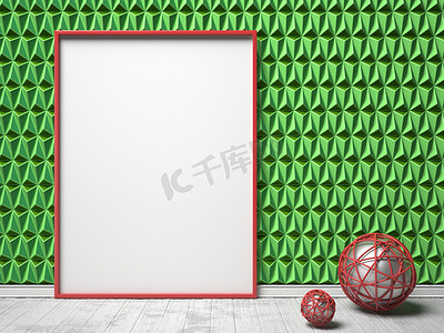 空白画框和绿色三角 b 上的红色球体装饰