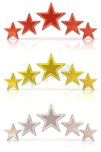 五颗红色、金色和白色星星的 3D 渲染集合