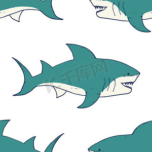 鲨鱼无缝图案，手绘素描涂鸦鲨鱼，矢量图解