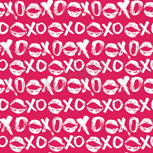 手写短语摄影照片_XOXO 毛笔字母标志无缝图案，Grunge 书法拥抱和亲吻短语，互联网俚语缩写 XOXO 符号，在白色背景上隔离的矢量插图
