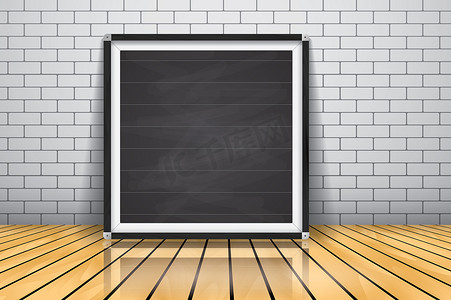 模型展示框招牌站在光滑的木地板上，黑板木框