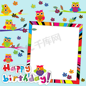 带框架和卡通猫头鹰的生日快乐卡