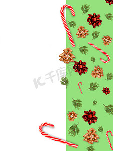 现代圣诞拼贴画。绿色无缝背景。寒假甜点装饰。姜饼曲奇饼和杜松树枝系列的创意布置在灯光下隔离。设计模板。