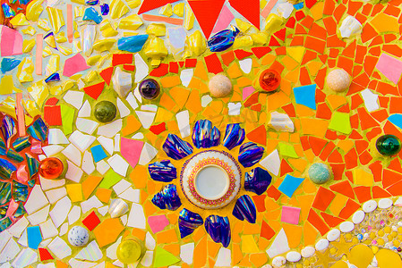 彩色陶瓷马赛克瓷砖石材艺术墙。