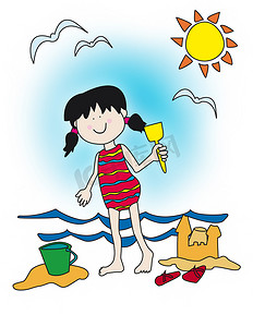 卡通小女孩在沙滩上玩耍