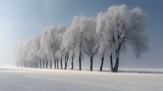 一排树摄影照片_雪地里的一排树
