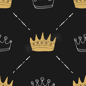 皇冠无缝图案，手绘皇家涂鸦背景，矢量图解
