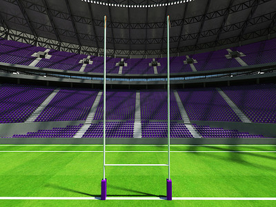 带紫色座椅和 VIP 包厢的圆形橄榄球场的 3D 渲染