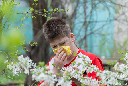 旗口水母摄影照片_春天花园里患有过敏性鼻炎的男孩