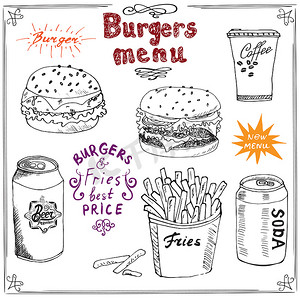手绘食物面包摄影照片_汉堡菜单手绘草图。