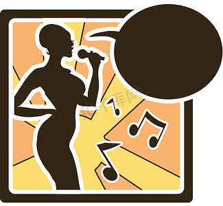 卡拉 OK 女人标志在矢量唱歌，音乐剪影图标，