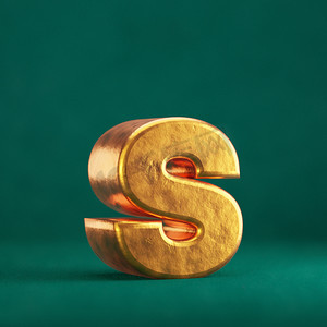 金色的福字摄影照片_潮水绿色背景上的 Fortuna 金色字母 S 小写。