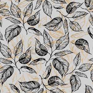 金箔叶子摄影照片_无缝图案-手绘树枝，叶子呈灰度，叶子轮廓为灰色背景的金箔