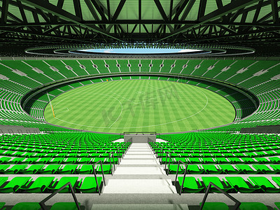 漂亮的现代圆形澳式足球场，设有绿色座椅和贵宾包厢
