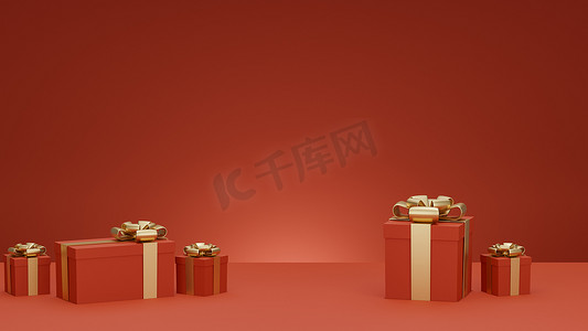 新年红色礼盒摄影照片_3D：圣诞节和新年问候，带红色礼盒的横幅