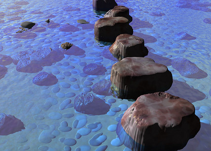 蓝色海洋河流场景中的一排垫脚石