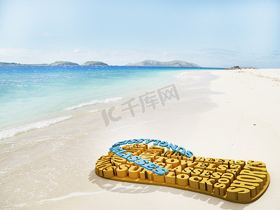在阳光明媚的日子里，沙滩上用夏日文字制成的沙滩鞋