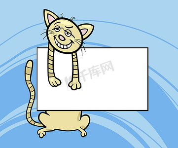 蓝色的卡通动物摄影照片_带木板或卡片的卡通猫