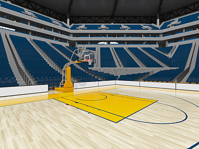 美丽的篮球运动场，设有贵宾包厢和蓝色座椅，可供两万名球迷使用