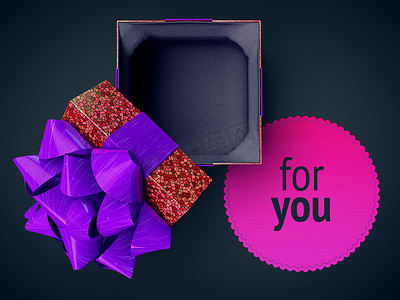 渲染 cg 插图顶视图礼品盒紫色打开盖子盖子紫色空礼物盒在生动的渐变和空间文本放置在黑暗中隔离