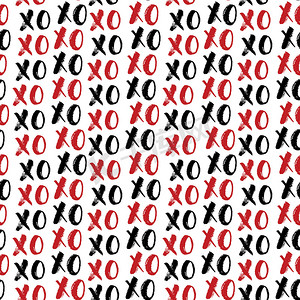 XOXO 毛笔字母标志无缝图案，Grunge calligraphiv c 拥抱和亲吻短语，互联网俚语缩写 XOXO 符号，在白色背景上隔离的矢量插图