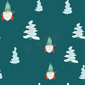 圣诞节斯堪的纳维亚侏儒无缝图案上青色。