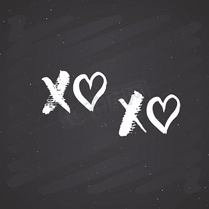 毛笔工字摄影照片_XOXO 毛笔字母符号，Grunge calligraphiv c 拥抱和亲吻短语，互联网俚语缩写 XOXO 符号，黑板背景上的矢量插图