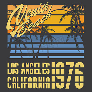 矢量徽章摄影照片_加利福尼亚威尼斯海滩排版，T 恤印刷设计，夏季矢量徽章贴花标签