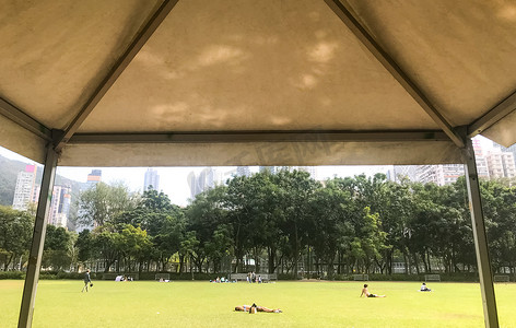 黑帐篷摄影照片_室外城市公园的野餐和晒黑的人