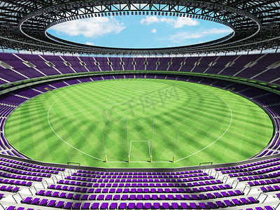 漂亮的现代圆形澳式足球场，配有紫色座椅和贵宾包厢