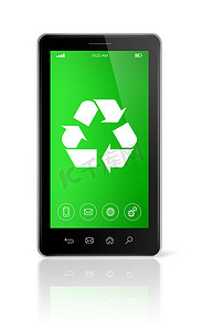 循环符号摄影照片_屏幕上带有回收符号的智能手机。