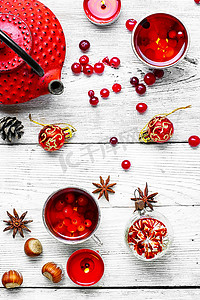 莓茶摄影照片_浆果蔓越莓圣诞茶