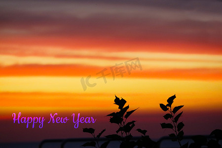 夕阳背影植物中的火焰红橙黄天空和新年快乐文字