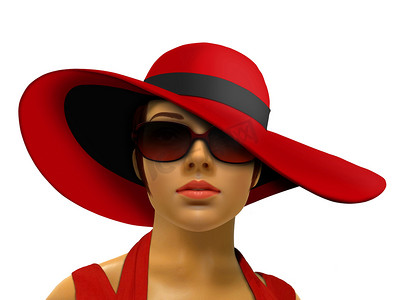 墨镜模特摄影照片_戴着大帽子和墨镜的红色时装模特