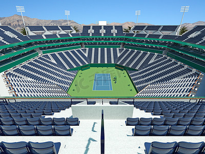 美丽的现代开放式硬地网球场，设有海军蓝色座椅和可容纳一万五千名球迷的贵宾包厢