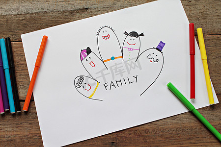 白纸上快乐家庭手指的图片和木背景上的彩色魔术笔