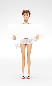 空白产品海报和横幅样机 - 微笑和快乐的 3D 比基尼角色