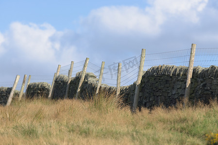 温暖的秋光在长草的田野上，有篱笆和石墙