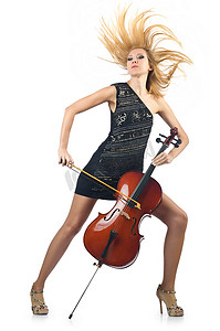 大提琴摄影照片_白色大提琴女表演者