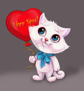 动物卡通气球摄影照片_微笑的白色小猫心形气球与我爱你的标志-卡通人物