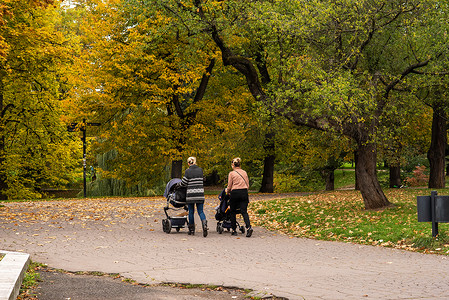 秋季保健摄影照片_2020 年秋季，捷克共和国冬季开始时，由于 COVID-19 爆发而导致检疫隔离期间，两位母亲带着孩子在布拉格 6 号莱特纳公园的婴儿步道上散步和说话